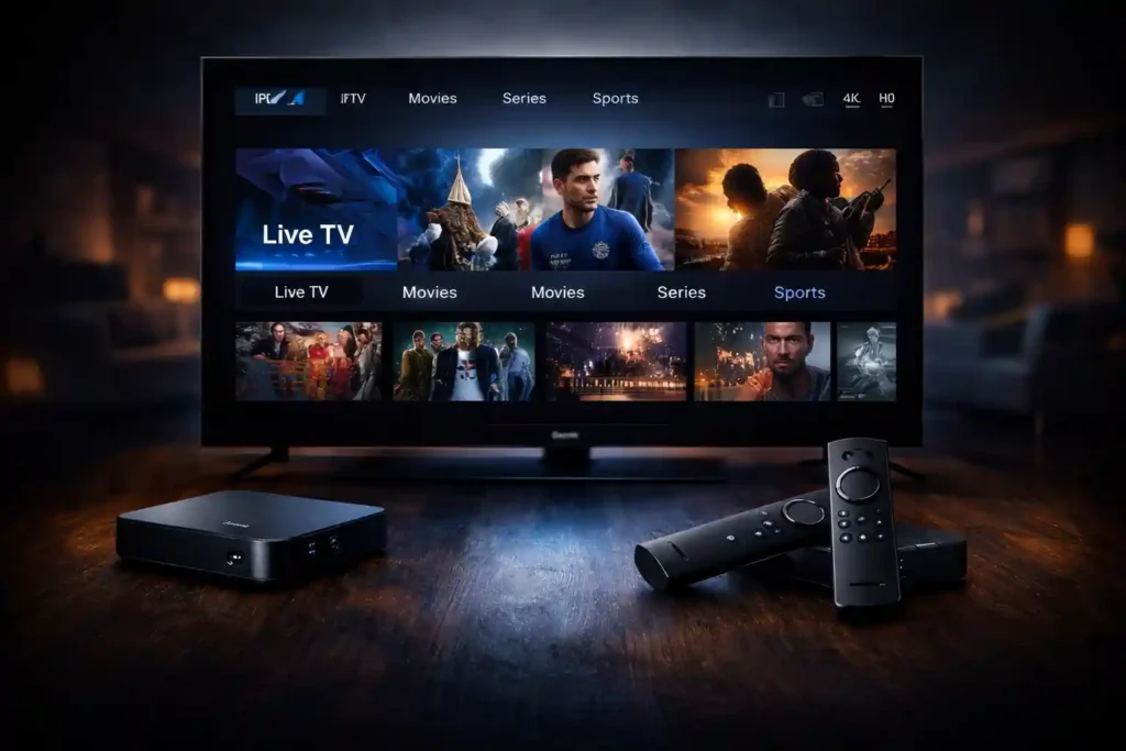 KY IPTV streaming service displayed on a smart TV with IPTV box and remote controls in a dark living room setup